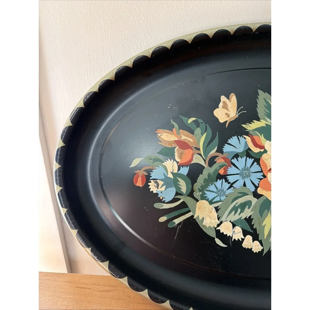 Vintage Hand Painted Tole Toleware Floral Metal Tray Decor Cottagecore